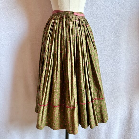 Hand Made Green & Pink Sprig Print Floral Cotton Full Folk Dance Skirt - Picture 6 of 12